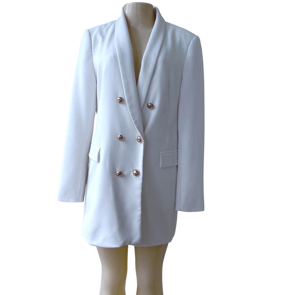 Tahari Ivory Blazer Dress Womens Medium Double Breasted Gold Buttons Mini